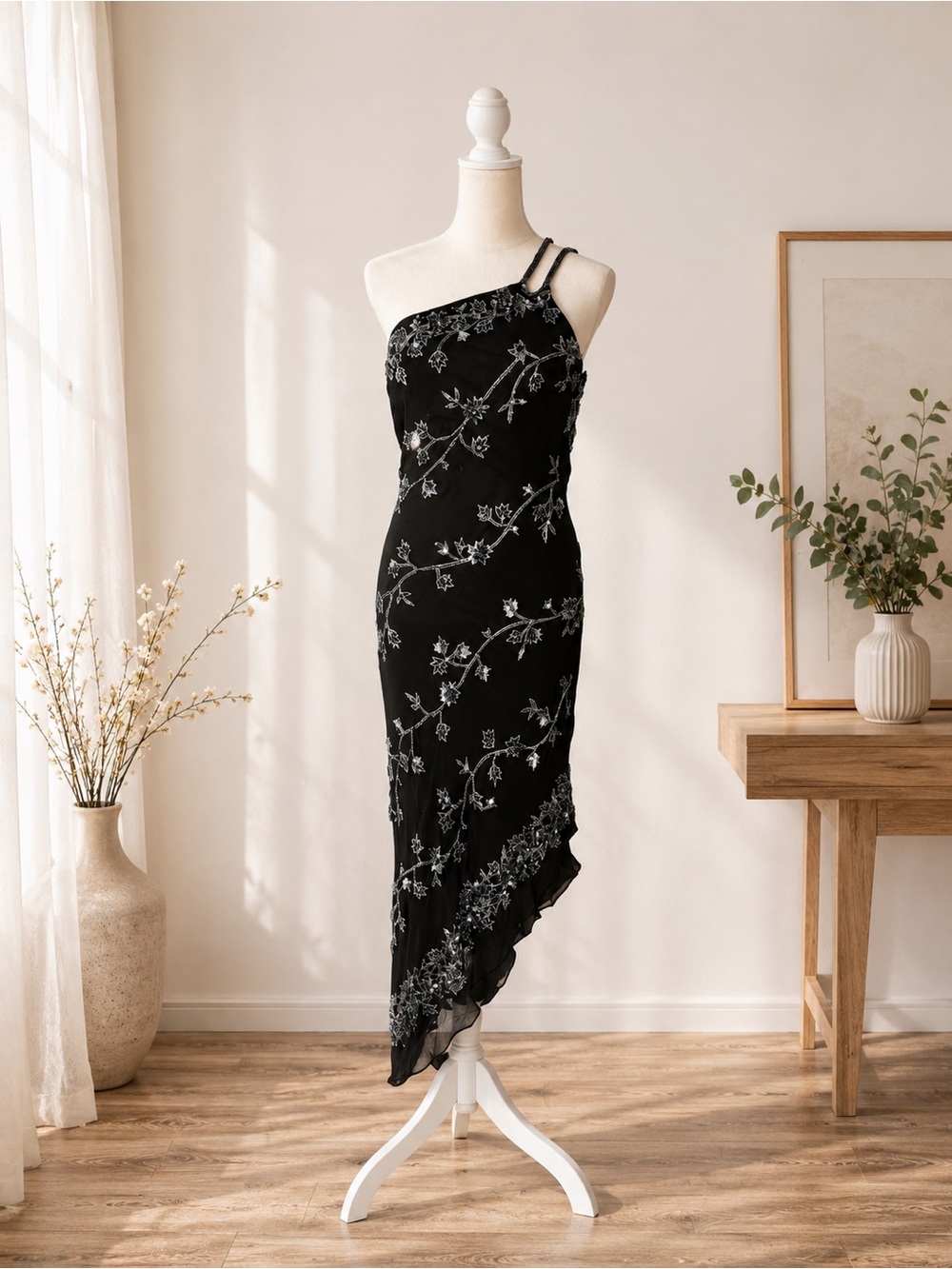 Scala Black Silk Beaded Asymmetrical Evening Dress Gown L Sequin Y2K Fairy